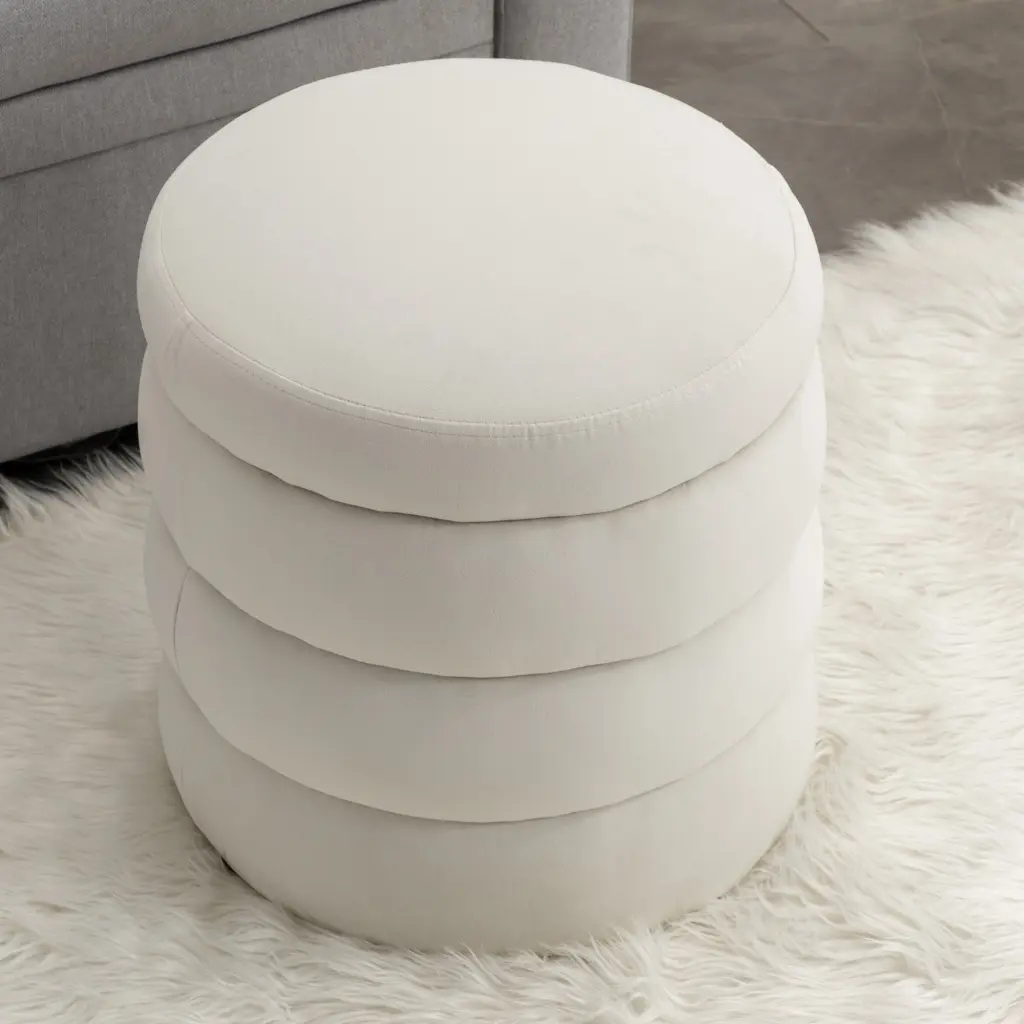 Soft Velvet Round Ottoman Footrest Stool Ivory Modern Living Room Accent Piece dg collection