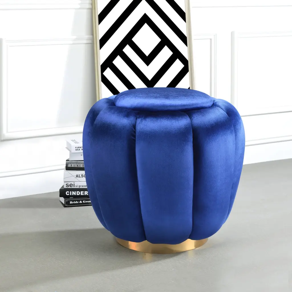 Blue Round Ottoman Velvet Timber Solid Living Space Lounge Footrest furniture max