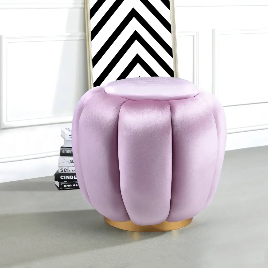 Bubblegum Pink Melody Round Ottoman Pink Velvet Wood Primary Living Space Footrest furniture max