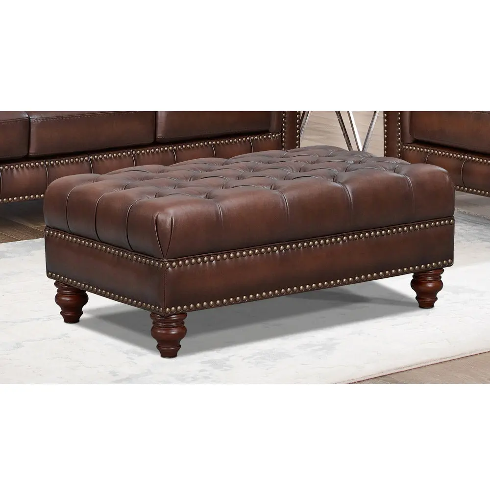 Alton Bay Brown Eucalyptus Wood Leather Ottoman Living Room Footrest hydeline furniture