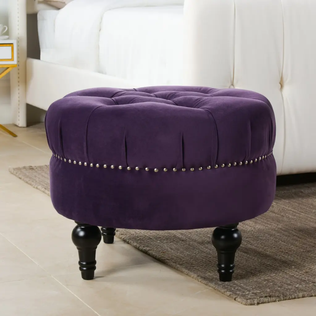 Dawn Tufted Round Ottoman Accents Purple Velvet Footstool Foam Cushion jennifer taylor home