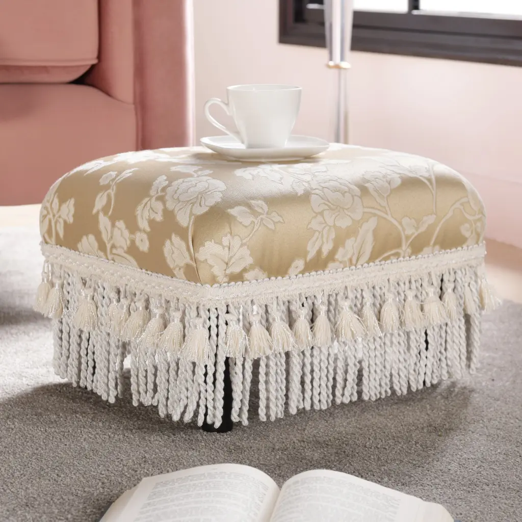 Fiona Accent Footstool Ottoman Champagne Beige Floral Jacquard jennifer taylor home