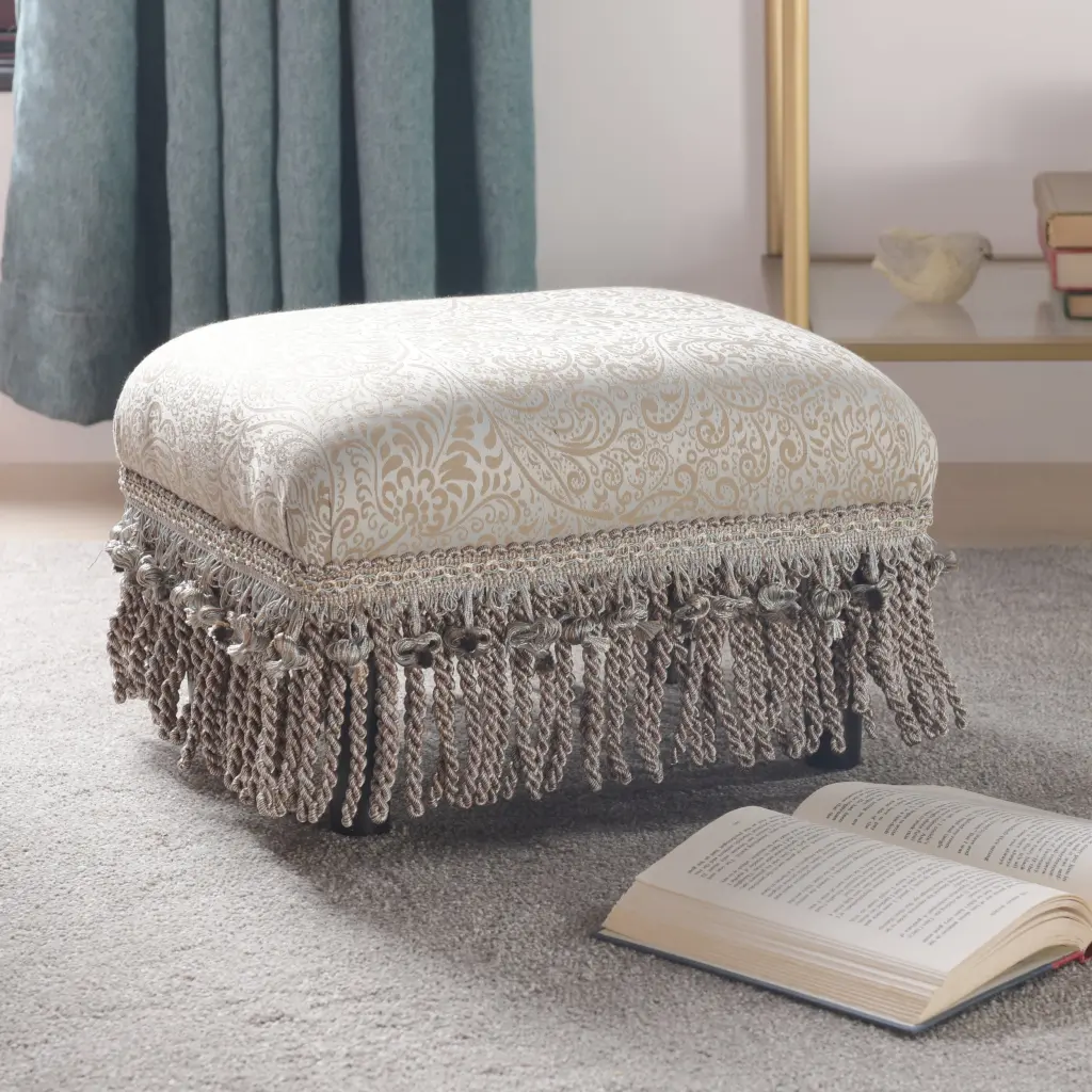 Fiona Accent Footstool Ottoman Shiny Metallic Blue Beige Paisley Jacquard jennifer taylor home