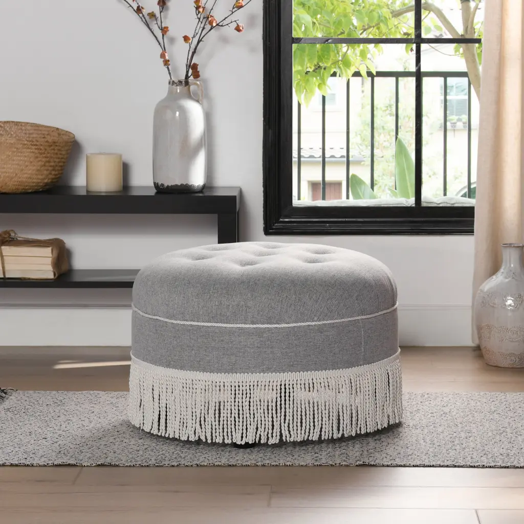 Yolanda 24-Inch Round Upholstered Accent Ottoman Light Gray jennifer taylor home