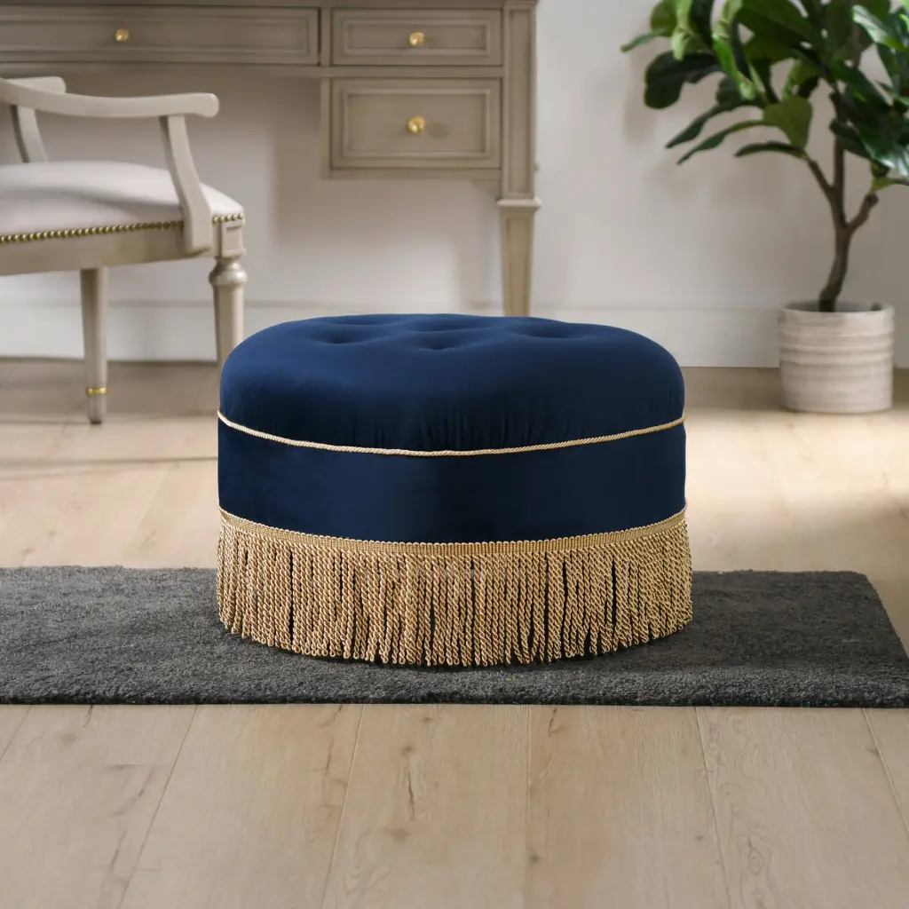 Yolanda 24 Inch Round Navy Blue Velvet Accent Ottoman Gold Legs jennifer taylor home