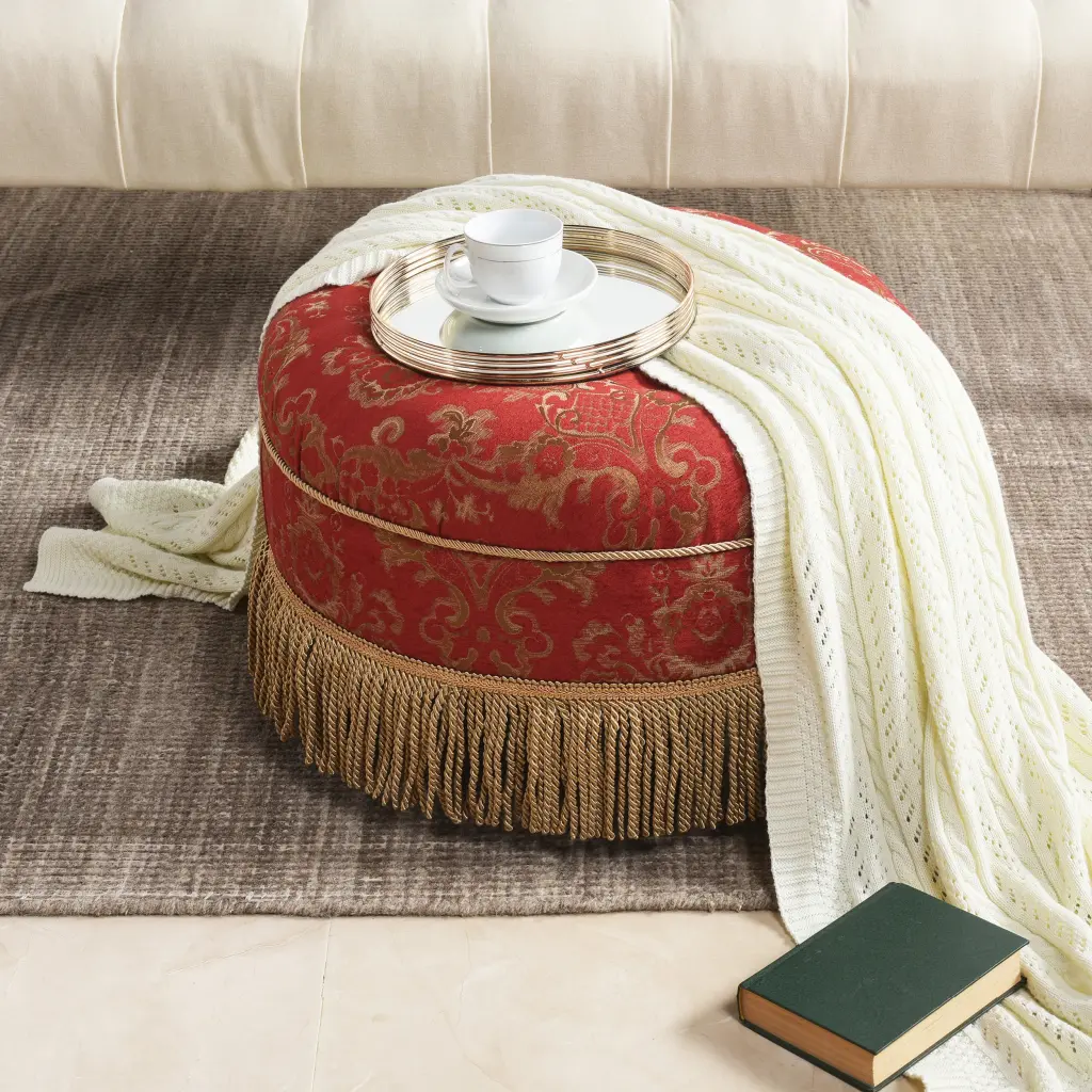Yolanda 24 Inch Round Upholstered Accent Ottoman Red Precious Metal Jacquard Footstool jennifer taylor home