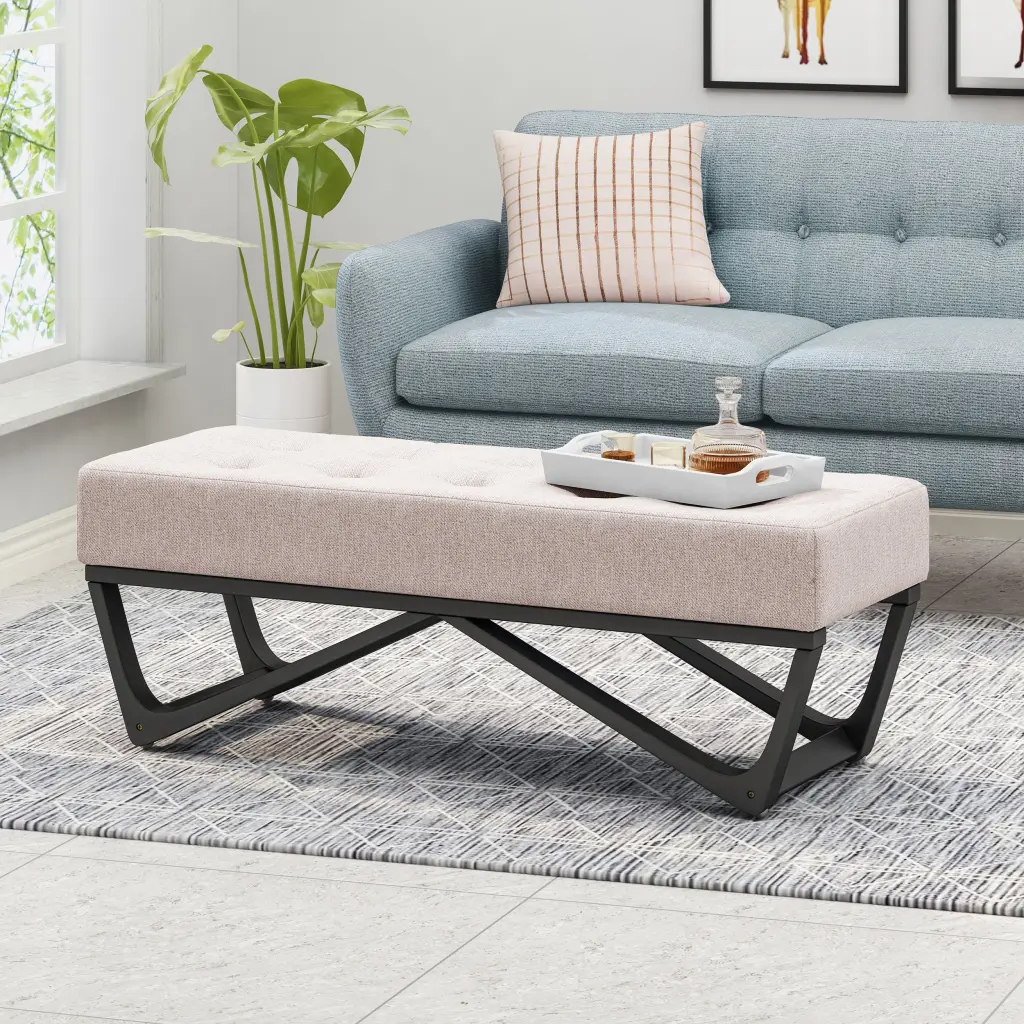 Beige Fabric Storage Ottoman Living Room nh-an
