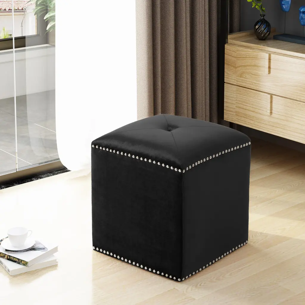 Black Velvet Ottoman Footrest Stool Living Room or Bedroom nh-an