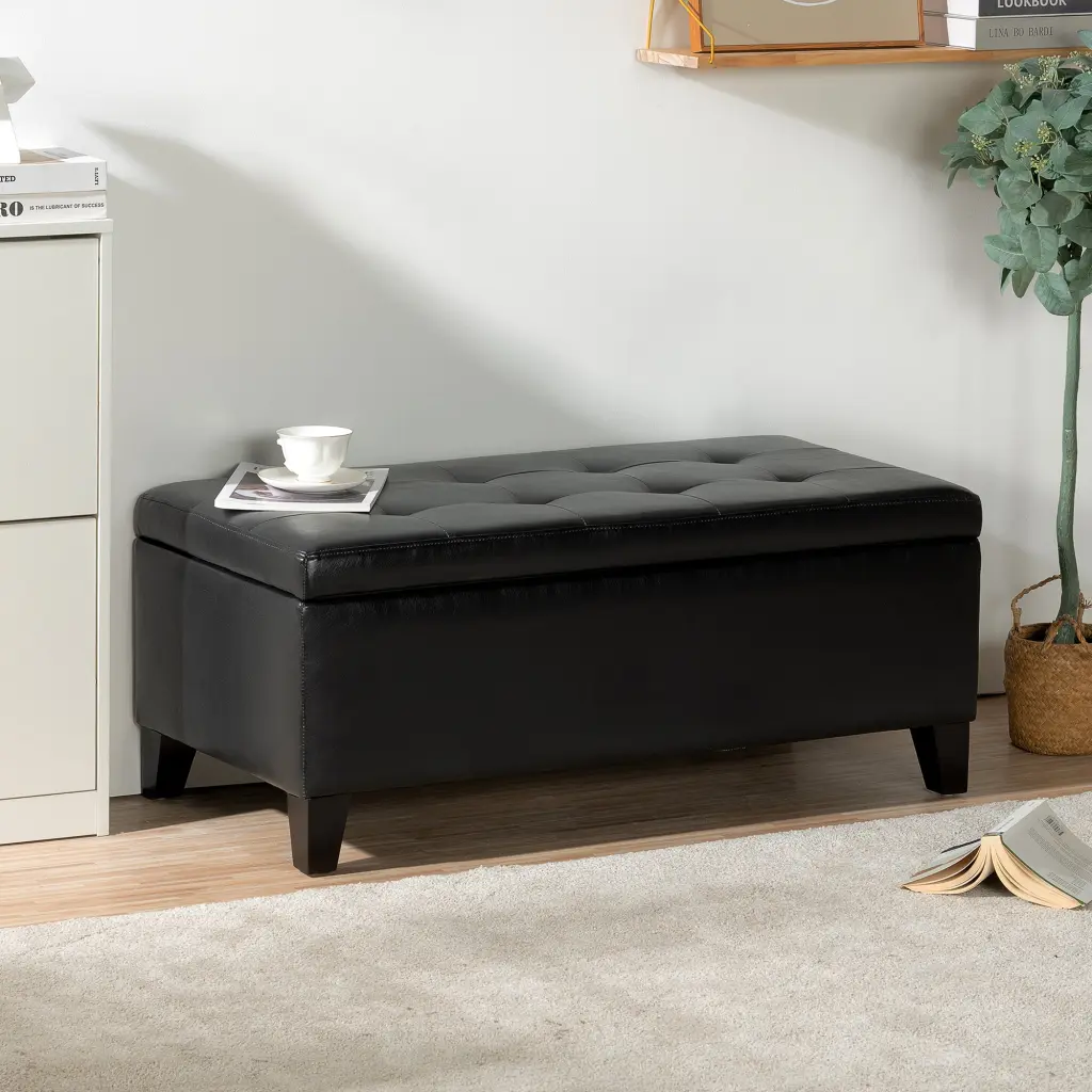 Faux Leather Storage Ottoman Wooden Legs rnb