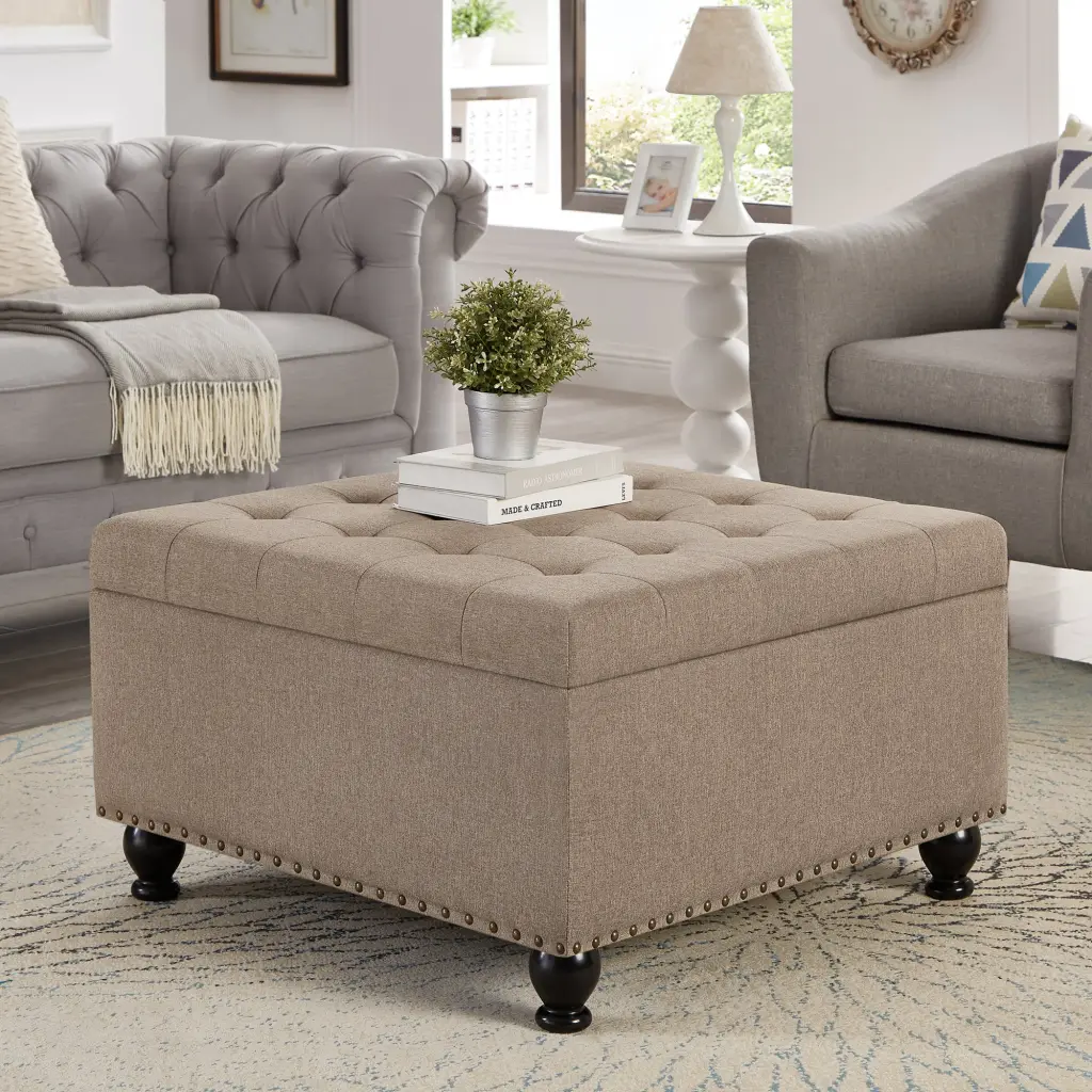 Large Square Storage Ottoman Wooden Legs Upholstered Button Tufted Bench wm home furniture