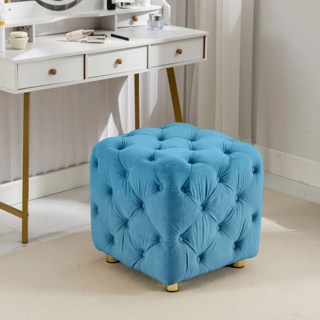 Blue Modern Velvet Upholstered Ottoman Exquisite Small End Table Sofa Footrest zen zone