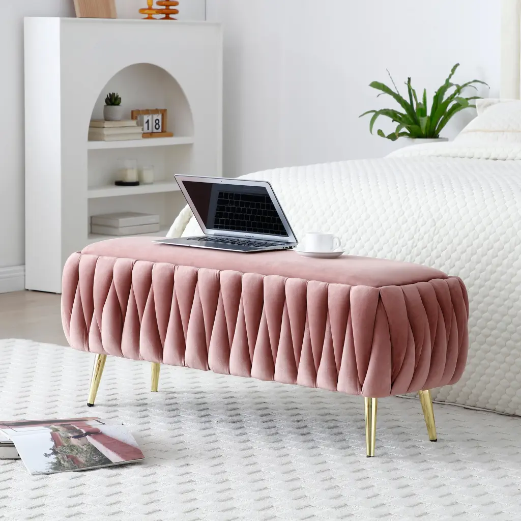 Oval Storage Bench Gold Legs Velvet Fabric Upholstered Ottoman Stool aijiafurniture