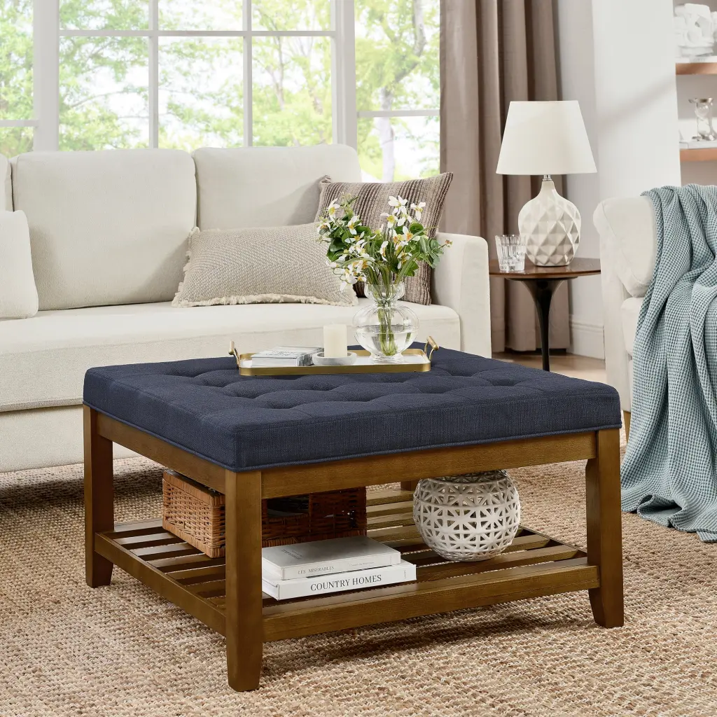 Large Square Tufted Linen Ottoman Coffee Table Beech Wood Legs angela