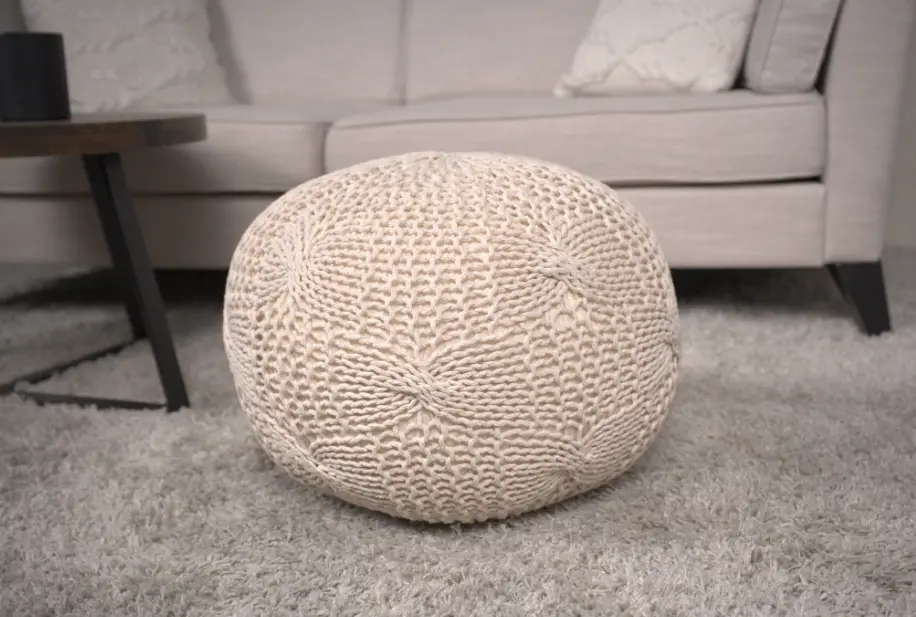 Bordeaux Knitted Cotton Round Pouf Beige Living Room Decor bazar