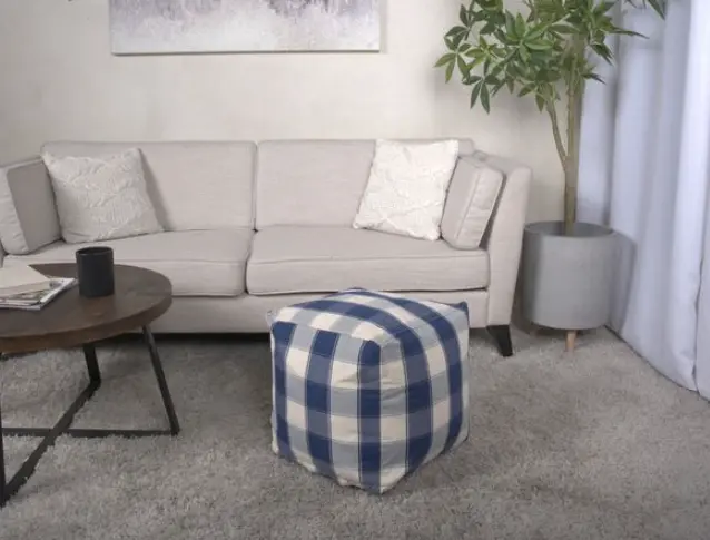 Connor Checkered Square Pouf Ivory and Navy Blue Ottoman bazar