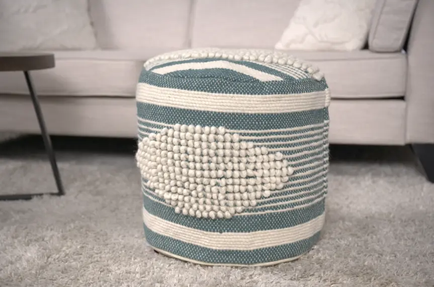 Diamond Artisan Made Cylindrical Pouf White and Teal Fabric bazar