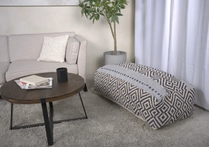 Juniper Rectangular Pouf Natural Blue White Fabric Footrest Ottoman bazar