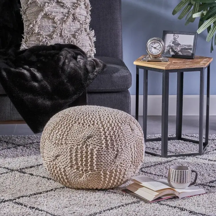 Knitted Pouf Beige Cotton Footstool Ottoman Living Room canada-n830