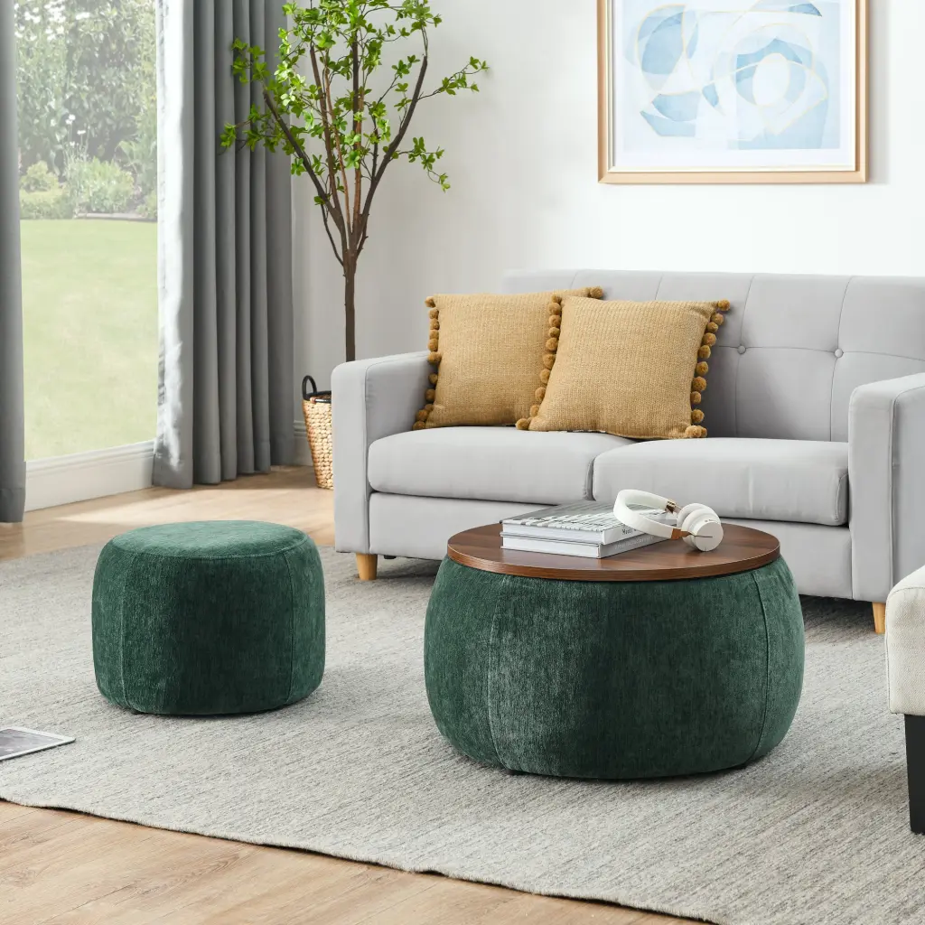 Round Storage Ottoman 2 1 Function Works as End Table and Ottoman chuangyuan smart home