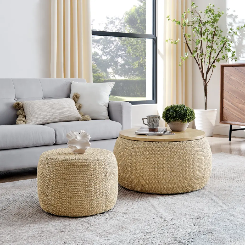 Round Storage Ottoman Woven Rattan Material 2 1 Function chuangyuan smart home