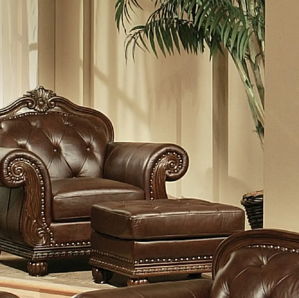 Espresso and Cherry Tufted Ottoman Authentic Leather Wood Primacc furniture max