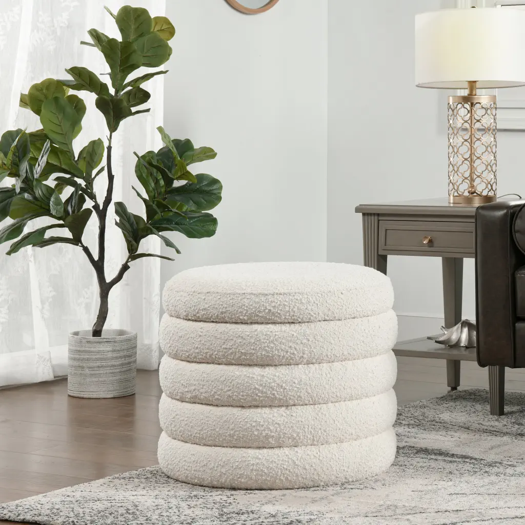 Fuji 19 Inch Oversized Round Storage Ottoman Ivory White Boucle Fabric jennifer taylor home