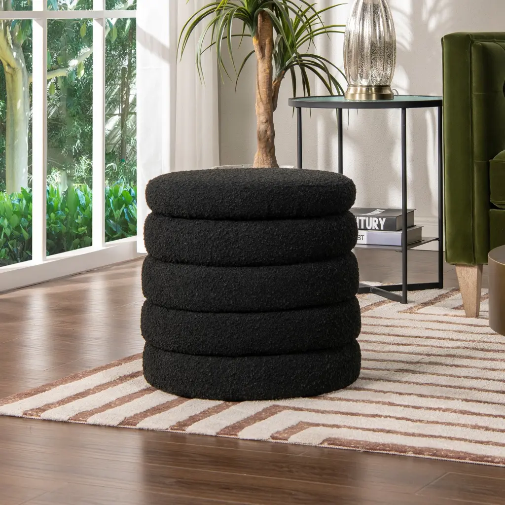 Fuji 19 Inch Oversized Round Storage Ottoman Ebony Black Boucle Foam jennifer taylor home