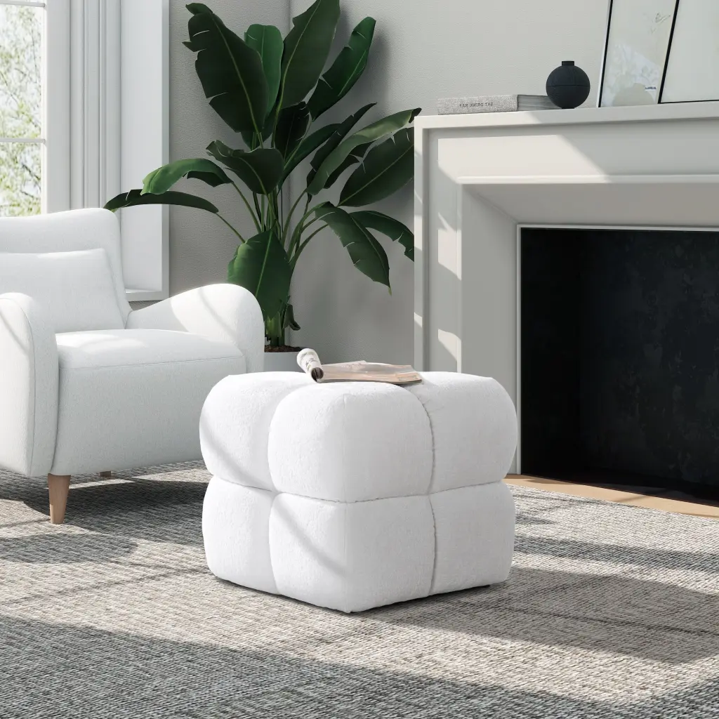 Pixel 21 Inch Oversized Square Tufted Pouf Ottoman Almond White Chenille jennifer taylor home
