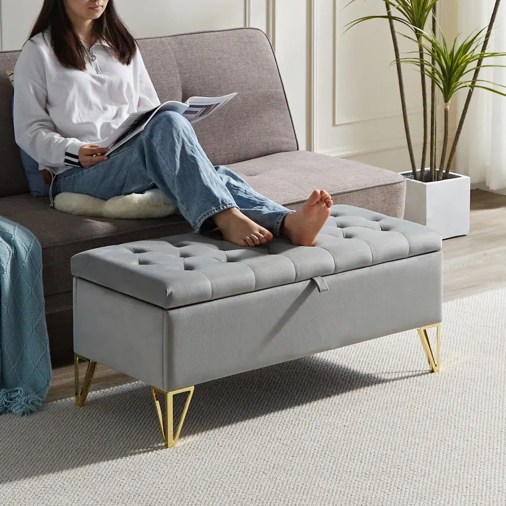 Fashion Light Grey Velvet Fabric Upholstered Large Storage Rectangular Ottoman modernben furniture