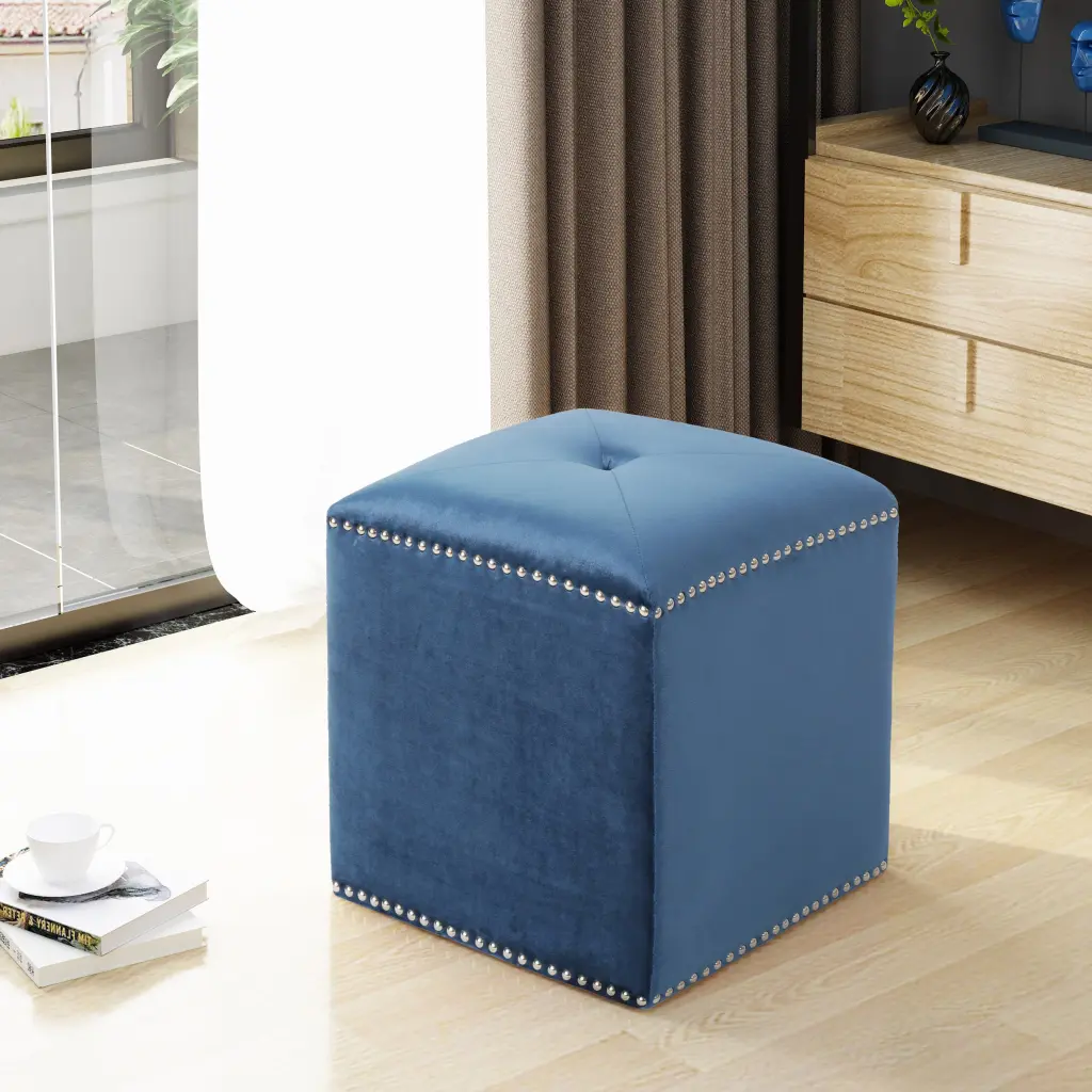 Ottoman Dark Blue Velvet Footstool Living Room Pouf nh-an