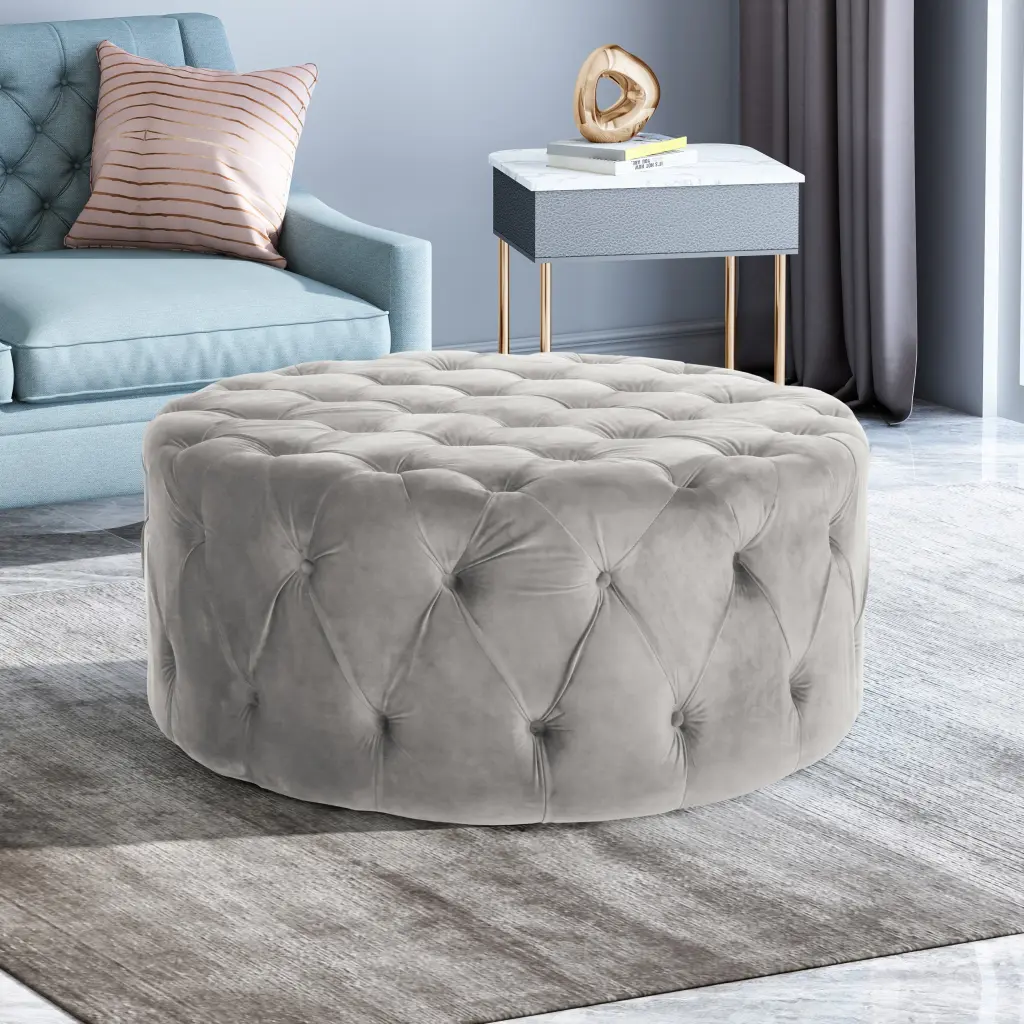 Ottoman Grey Velvet Footstool Pouf Living Room Accent Furniture nh-an