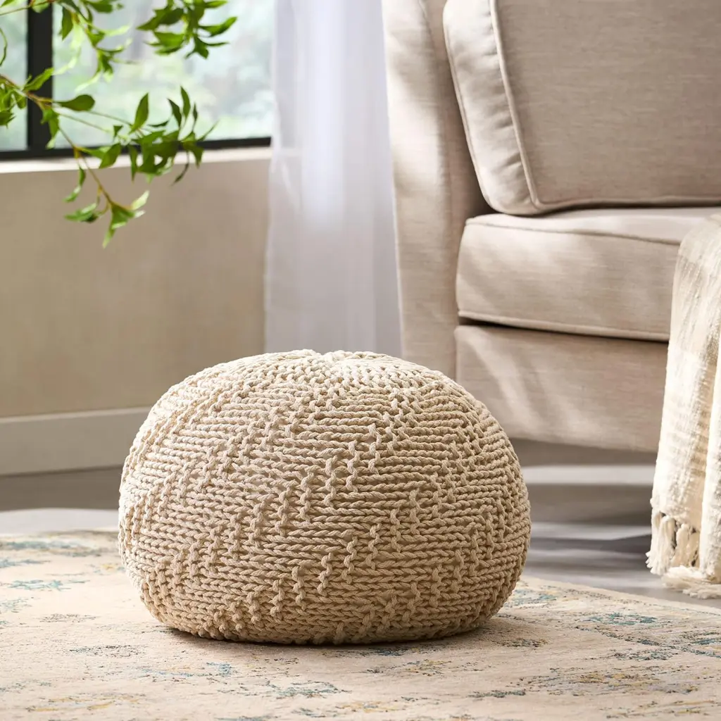 Hazel Pouf Ivory Cotton Footstool Ottoman Living Room nh-inmax