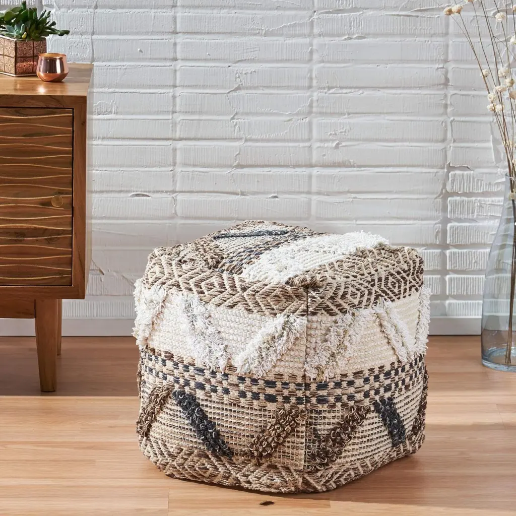 Woven Wool Pouf Multi Material, Decorative Footstool Living Room nh-inmax