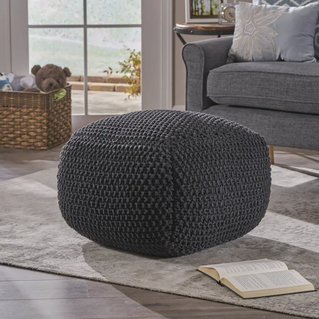 Hollis Knitted Cotton Pouf Cube 20x20x16 Dark Grey Stylish Footrest Ottoman nh-sunfay