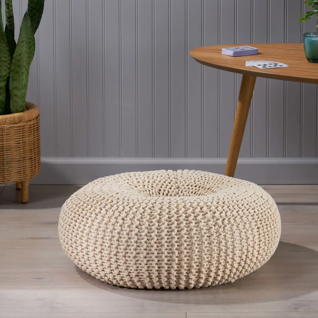 Knitted Pouf Beige Cotton Footstool Ottoman Living Room Decor nh-sunfay