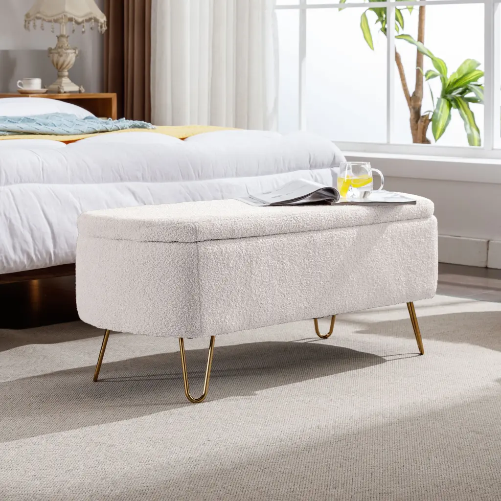 Ivory White Storage Ottoman Bench End Bed Gold Legs Modern zen zone