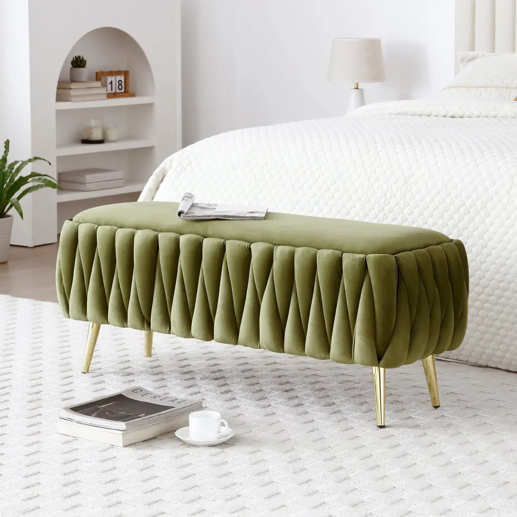 Oval Velvet Upholstered Storage Bench Precious Metal Legs aijiafurniture