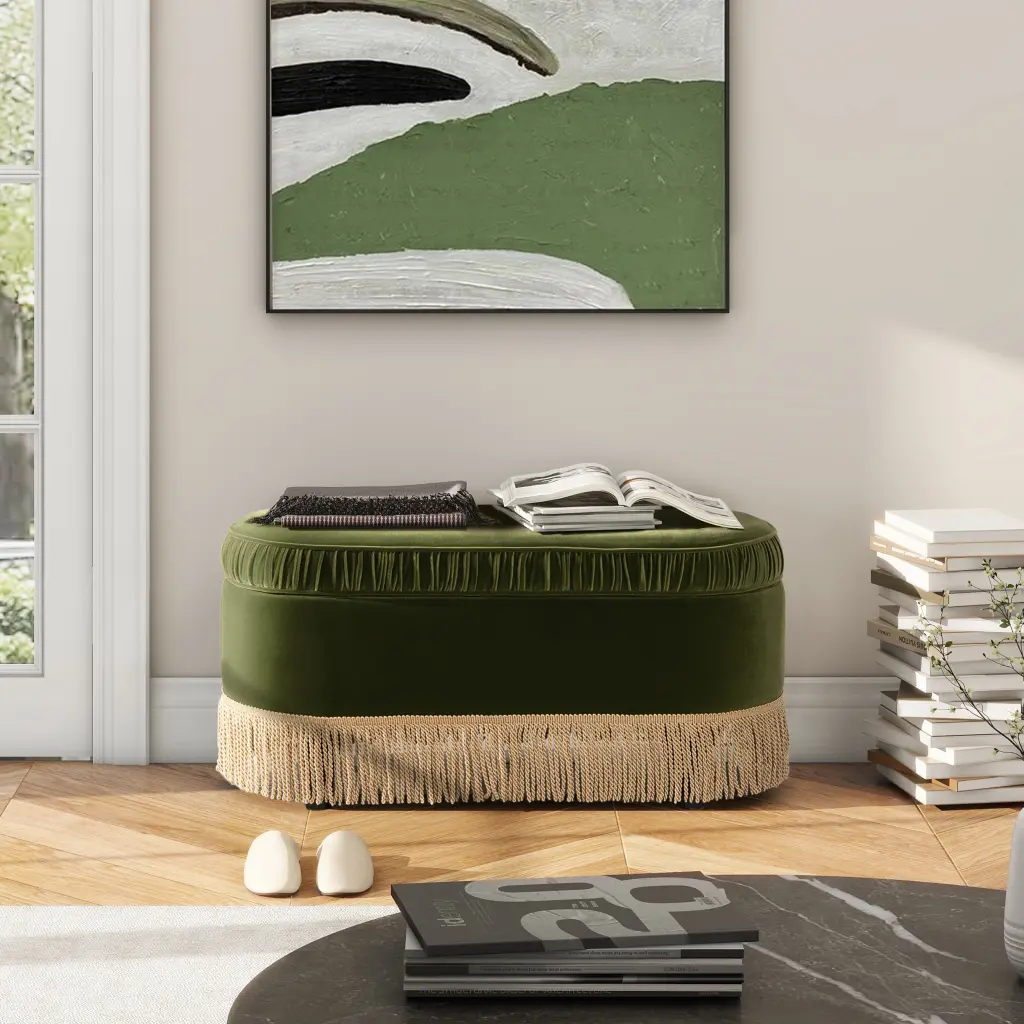 Serena 38 Inch Oval Storage Bench Ottoman Olive Green Velvet jennifer taylor home