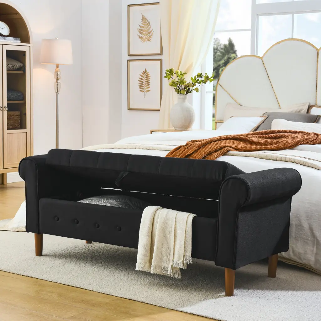 62 Inch Tufted Button Storage Bench Modern Fabric Upholstered Ottoman lucky fortune