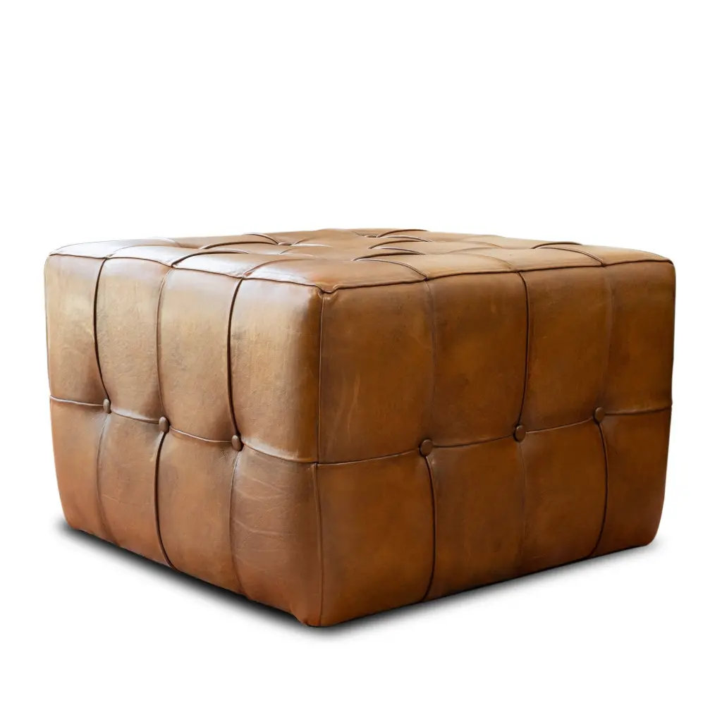 Benjiro Square Tan Leather Ottoman Wood Base Brown Authentic Leather Storage Ottoman ashcroft furniture