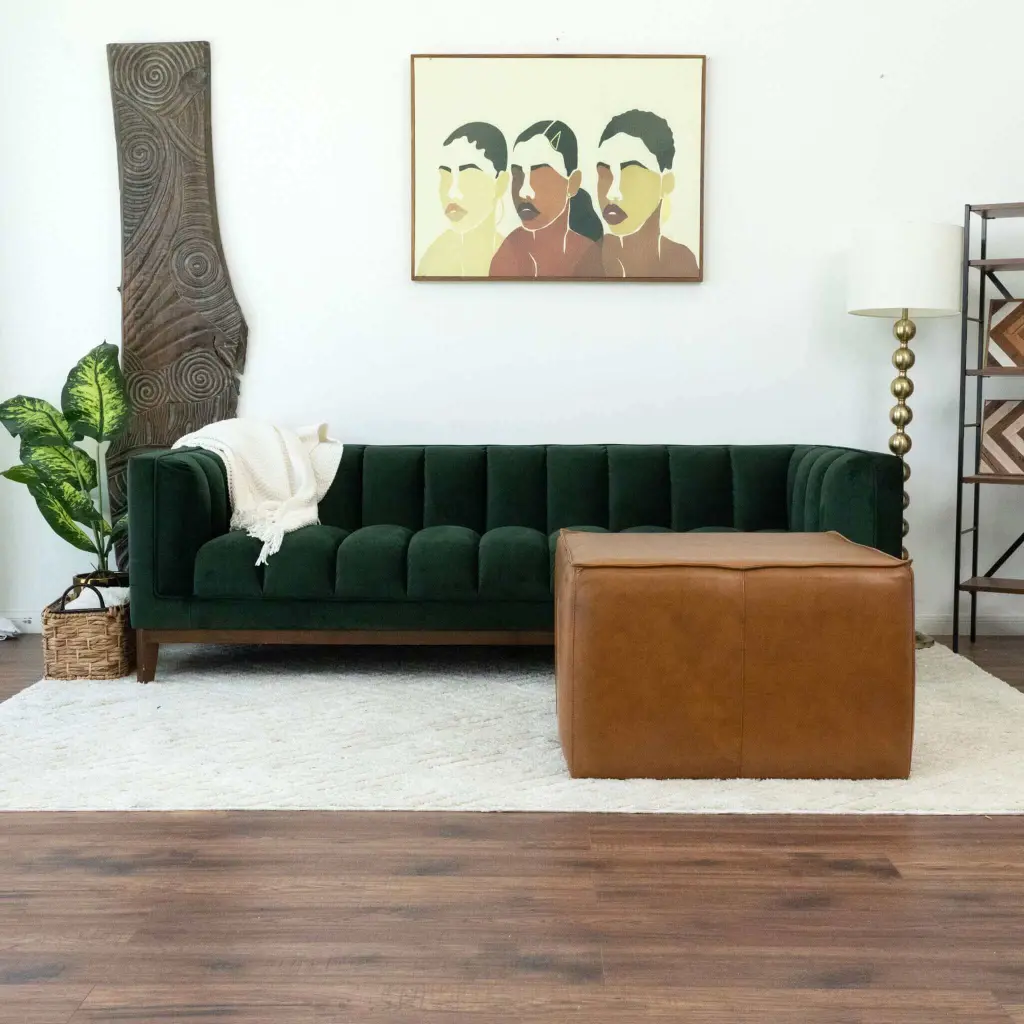 Mallory Mid Century Square Authentic Leather Upholstered Ottoman Tan ashcroft furniture
