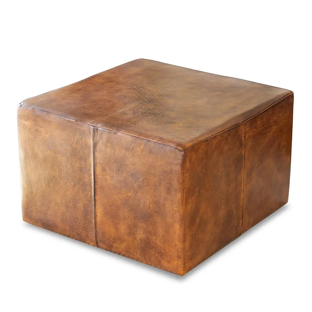 Mallory Mid Century Square Hide Upholstered Ottoman Tan ashcroft furniture