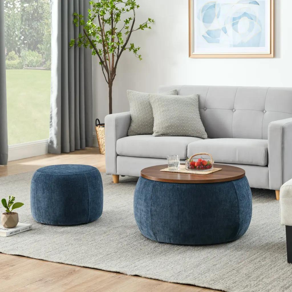 Round Storage Ottoman 2 1 Function as End Table and Footrest chuangyuan smart home