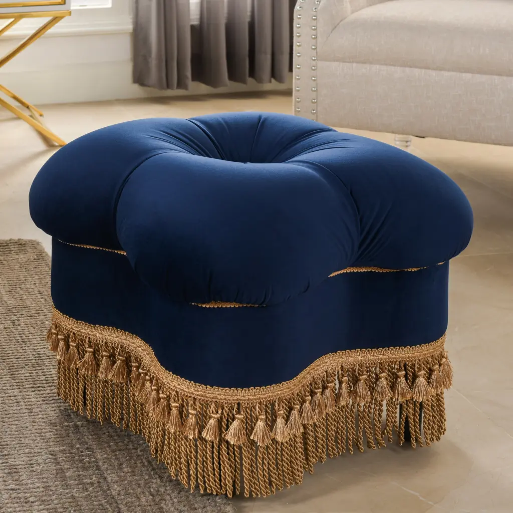 Ellen Upholstered Cr Ottoman Precious Metal Bullion Fringe Navy Blue Velvet jennifer taylor home