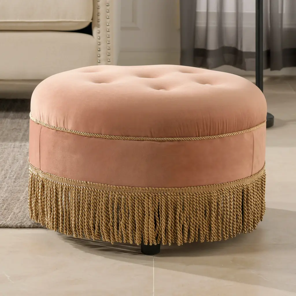 Yolanda 24 Inch Round Upholstered Accent Ottoman Peach Orange Velvet Living Room Decor jennifer taylor home