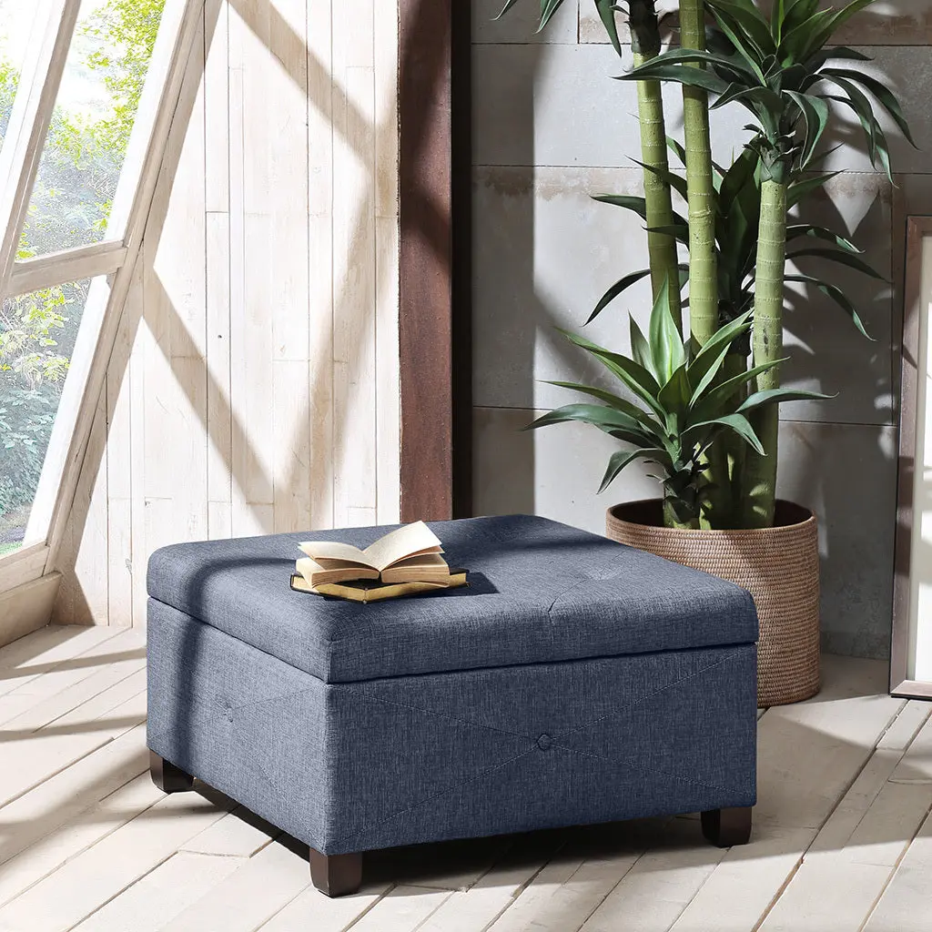 Soft Close Storage Ottoman Blue Polyester Living Room jla