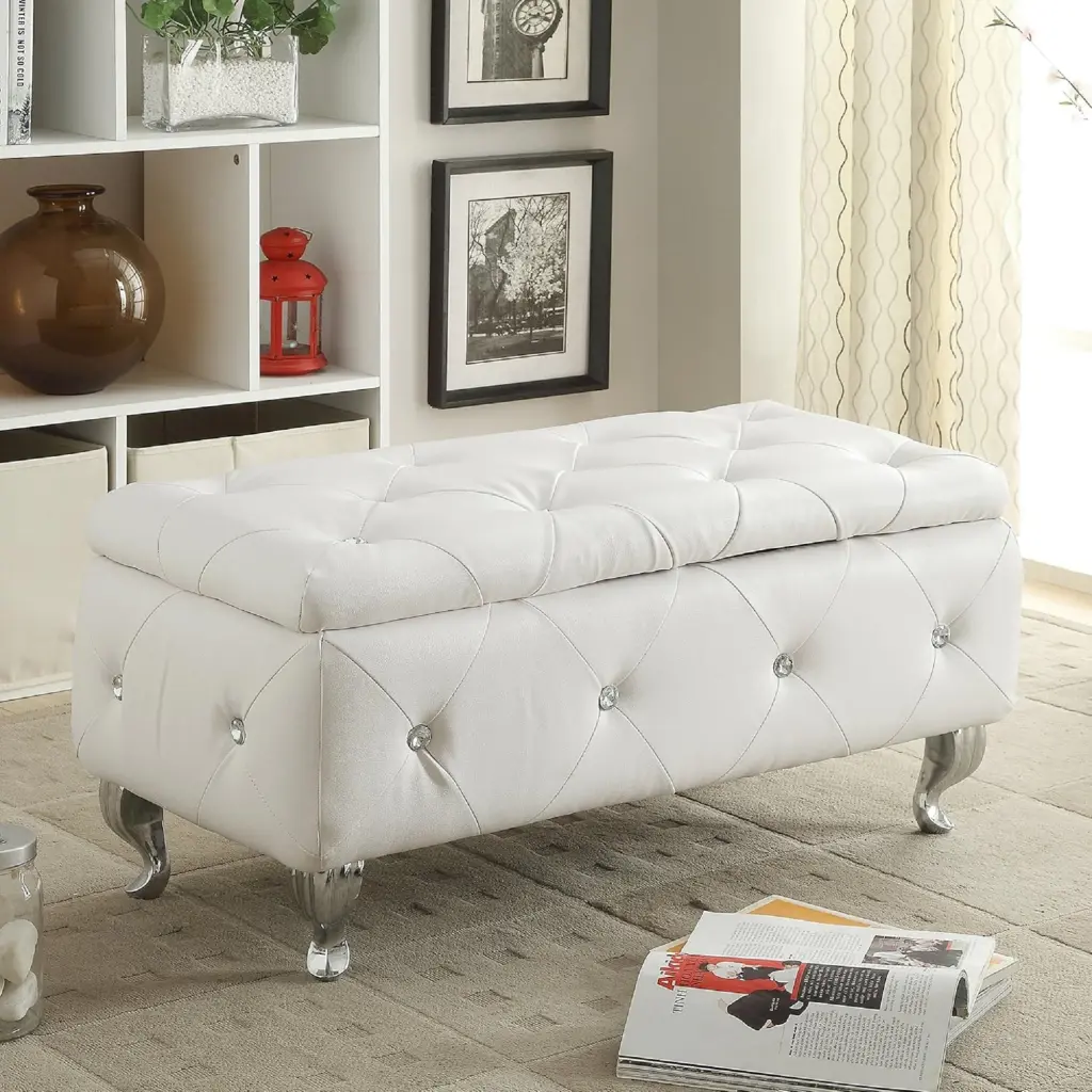Glam 38 Inches Storage Ottoman Bench Upholstered Tufted White kanepe