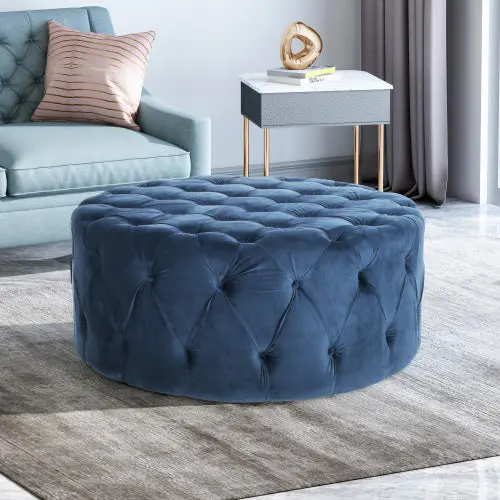 Blue Velvet Ottoman Footrest Sturdy Wooden Legs nh-an-can