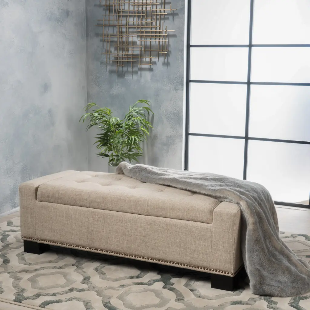 Chelsea Storage Ottoman Studs Wheat Fabric Footrest Bench nh-an