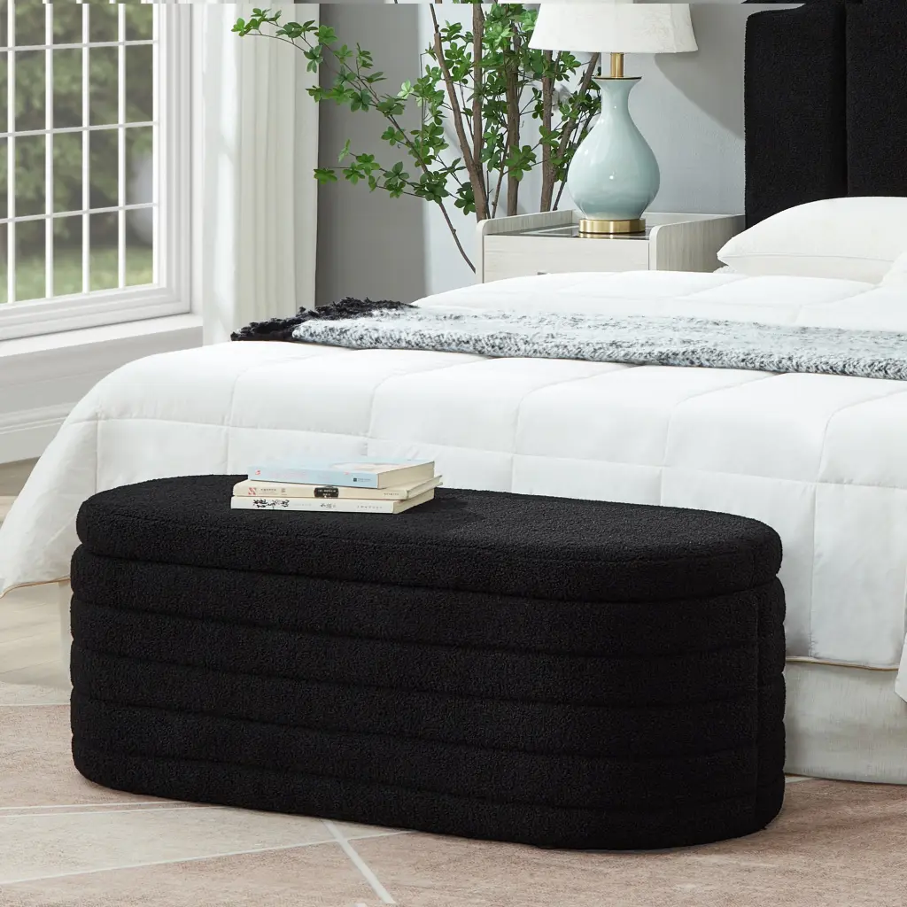 Modern Oval Storage Ottoman Bench Boucle Teddy Upholstery wm home furniture
